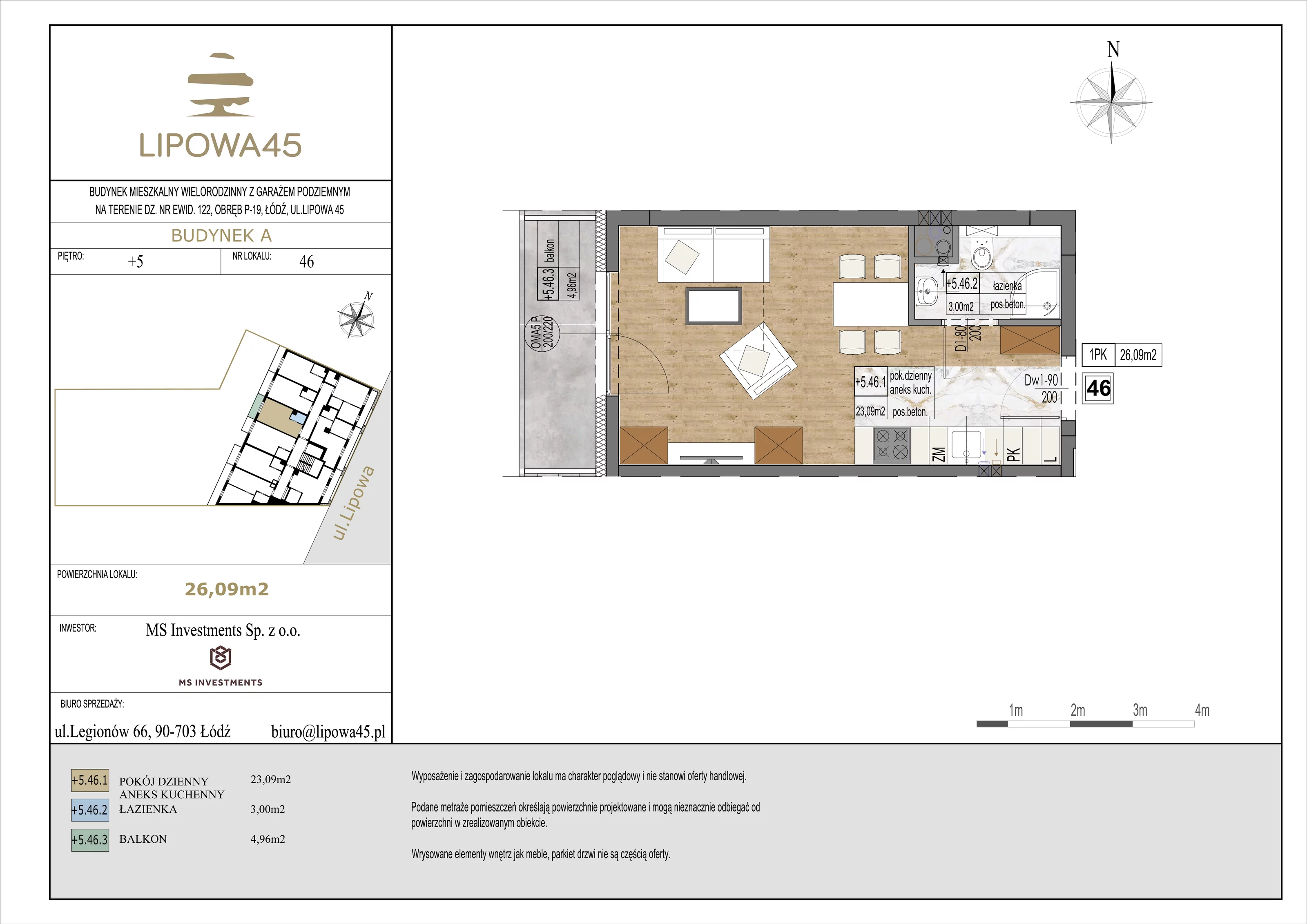 1 pokój, mieszkanie 26,09 m², piętro 5, oferta nr 46, Lipowa 45, Łódź, Polesie, ul. Lipowa 45